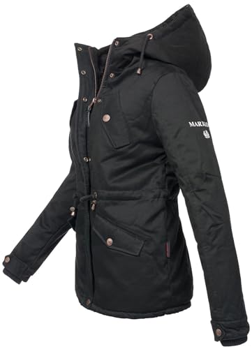 MARIKOO Damen Winter Jacke Parka Winterjacke Teddyfell gefüttert B376 [B376-Manolya-Schwarz-Gr.S]