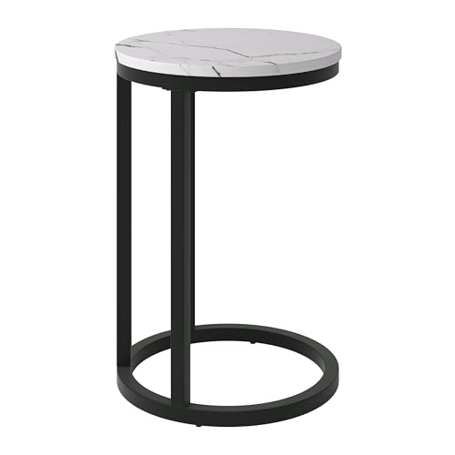 CorLiving Fort Worth Round C-Shaped End Table with Marbled Engineered Wood Top and Steel Base, White