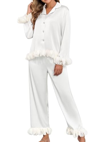 Brosloth Womens Silk Pajamas Long Sleeve Button Up Pajama Cute Soft Satin Fall Pjs Sets 2 Piece Lounge Set Sleepwear