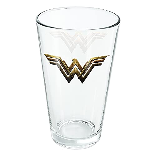 LOGOVISION Justice League Movie Wonder Woman Logo 16 oz Pint Glass, Tempered Glass, Licensed Printed Design & A Perfect Fan Gift | Great for Cold Beverages, Soda, Water