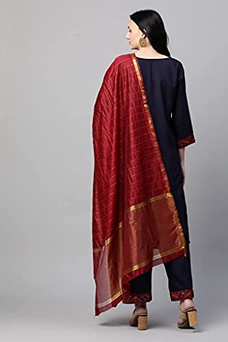 Image of GoSriKi Women's Cotton Straight Kurta with Palazzo & Dupatta (Morning Dark Blue)