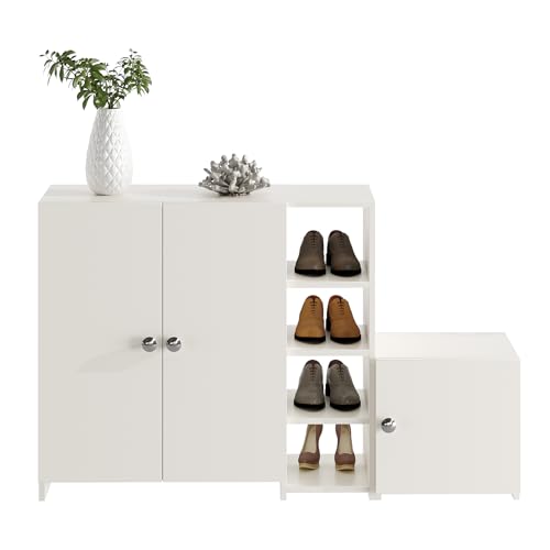 Image of FURNEASER Fusia Modern Shoe Rack Cabinet | Engineered Wood Shoe Storage with Doors & Shelves | Elegant Footwear Organizer for Entryway & Home (White)