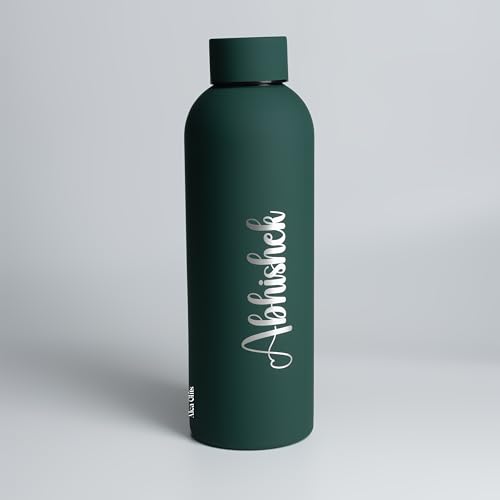 Image of AICA Personalized Name Stainless Steel Water Bottle -500ml - 12 Hrs Hot & 18hHs Cold (Darkgreen) | Customised Gift For Man Woman Girl Boy