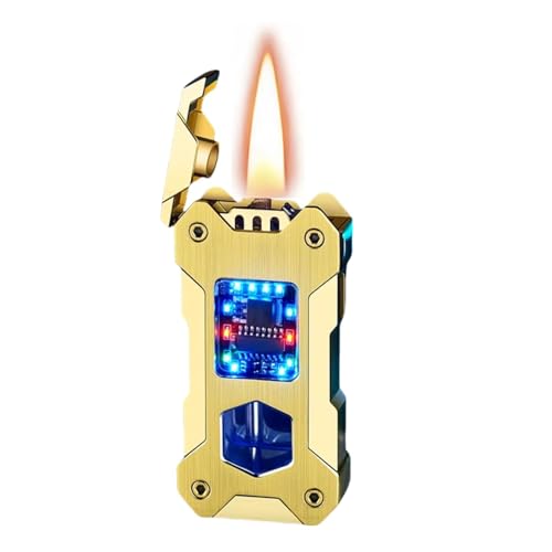 IHGVVING Briquet à kérosène Intelligent, 4 Modes d'allumage, Commande vocale, Flamme Douce, Style mécanique, Rechargeable (Noir glacé, sans Combustible)(Brushed Gold)