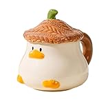 Coffee Mug Cups Ceramic Tea Cup Duck Animal Shaped Handmade Pottery Cute Mugs With Textured Lid Handle Office Home Hot Ice Chocolate Milk Mugs Gifts Microwave Dishwasher Safe 13 Oz Travel Mug (Brown)