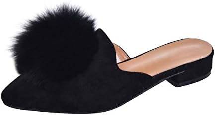 Hee grand Women's Pom Pom Slides Mules Pointed Toe Backless Loafers Ladies Clog Slippers Black