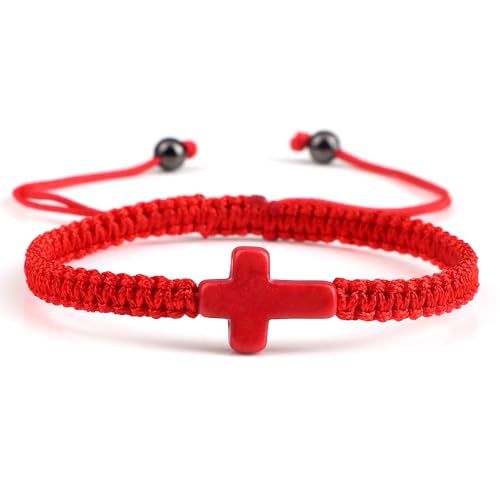 Handmade Braided Cross Bracelet for Men Women Adjustable Hand Woven Rope Red Black Bracelets Turquoise Cross Charm Religious Christian Jewelry