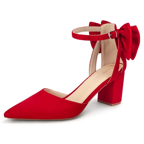 LOOPCHARM Womens Closed Pointed Toe Heels with Bow Low Chunky Block Heel Ankle Strap D'Orsay Pumps Bridal Wedding Dress Shoes,RED SU,8.5
