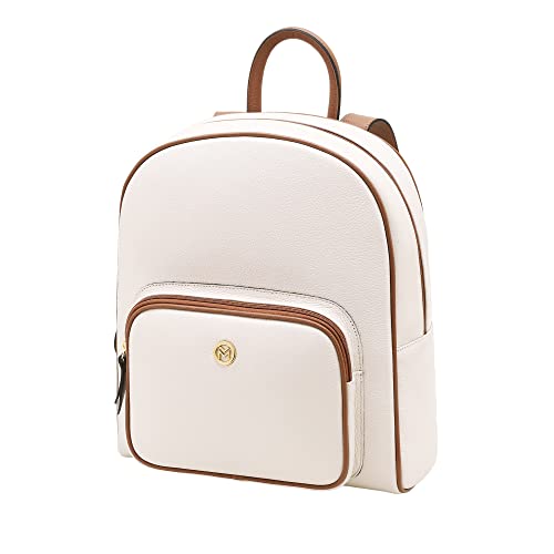Mochila Feminina de Couro Bovino Legítimo Mariart 6601 (33 x 36 x 12 cm - C x A x E) (Off White/Camel)