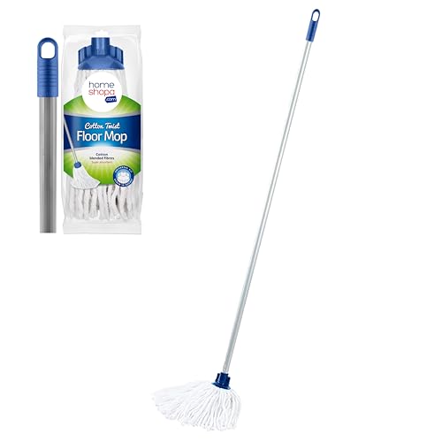 HOMESHOPA Heavy Duty Floor Cleaning Mop, Super Absorbent Cotton Mop Head & 115cm Long Silver Wooden Handle, Effective For Hardwood, Tile & Laminate Floors