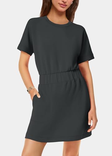 Image of SENSERISE Womens Short Sleeve T Shirt Dresses Crew Neck Solid Color Basic Smocked Waist Dress with Pockets
