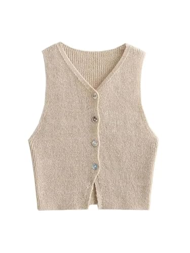 Women Front Button Knit Vest Sweater Vintage V Neck Sleeveless Female Waistcoat