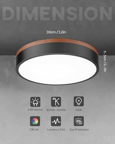 Image of Ken & Ricky 12 inch Modern Flush Mount Ceiling Light,Deep Wood and Black,2 PK