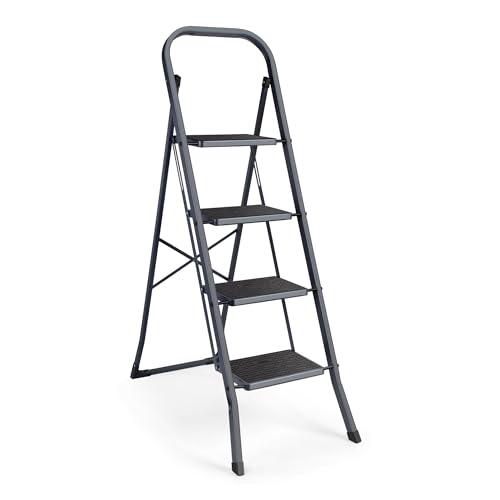 VonHaus 4 Step Ladder Anti Slip Feet Foldable Easy to Store Step Ladder 150KG Max Capacity - Premium Quality Ladder for DIY and Gardening Projects - Durable Steel