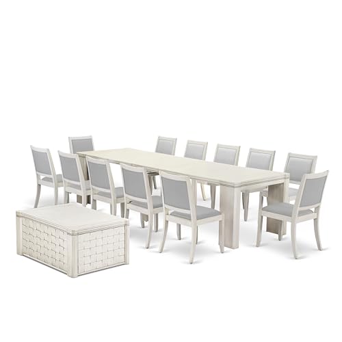 Image of X12X2-0CW-27-14 Pieces Extendable Dining Set Includes 1 Rectangle Xtenczar Dining Table, 1 Coffee Table, 12 Light Gray Faux Leather Stackable Dining Chairs, Antique White