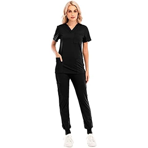 Yivise Women's Slim Fit V-Neck Care Uniform Mock Wrap Tops and Cargo Pant Revolution Healing Workwear Black Cover