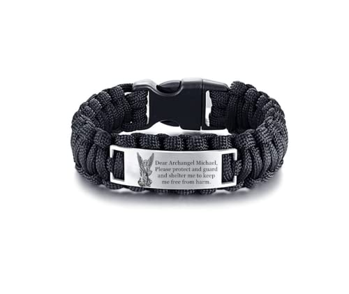 Saint Michael Archangel Protetion Prayer Survival Paracord Bracelet, Religious Christ God Amulet Bangle, Christian Personalized Engraved Jewelry for Men, Black, 9 Inch