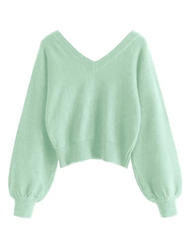 Image of ZAFUL Women's Cropped Sweater V-Neck Long Sleeve Pullover Jumper Knit Top | Crop Length, Ribbed Knit, Double V design, White sweater, Raglan sleeves, lantern sleeve, Fall & Winter, Loose fit, Oversized