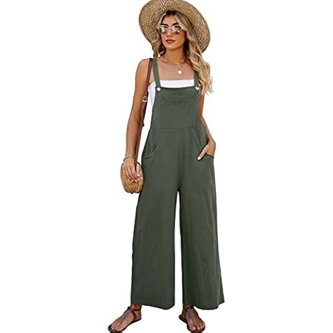 Flygo Overalls for Women Cotton Linen Bib Overalls Loose Fit Wide Leg Jumpsuits Casual Rompers with Pockets(ArmyGreen-L) Cover