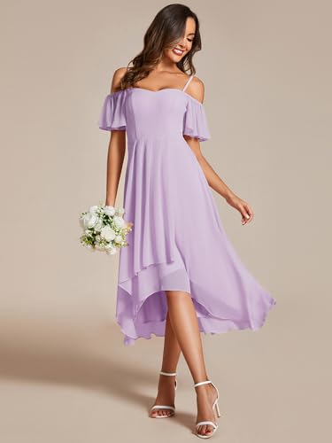 Image of Ever-Pretty Women's Summer Cold Shoulder Hi-Lo Asymmetrical Hem Flowy Chiffon Short Wedding Guest Dress 02103