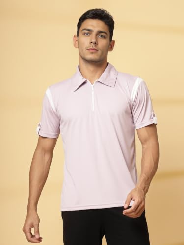 Image of CHKOKKO Gym Tshirt for Men Workout Activewear Man T-Shirts Polo Neck Zipper Regular Fit Half Sleeves for Sports Running Yoga Training Activities