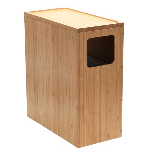MobileVision Bamboo Slim Trash Can with Lid, Waste Basket for Bathroom, Bedroom, Office, Vanity, Salon or Spa, Small Spaces, Rectangle, Bag Liners Included