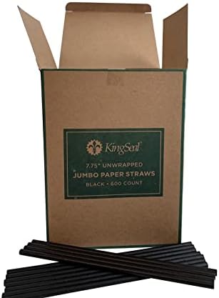 Kingseal FSC Certified BLACK Paper Disposable Drinking Straws, Unwrapped, Jumbo Size, 7.75" Length, Biodegradable, Earth Friendly, Bulk Pack - 4 Boxes of 600 Straws Per Box (2400 Count)
