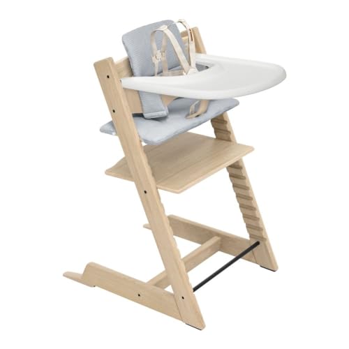 Image of Stokke Tripp Trapp High Chair 2 with Tray and Cushion, Oak Natural/Blue | Includes Chair, Baby Set, Removable Harness, Tray, Cushion, for Ages 6-36 Months, Solid Wood, Holds up to 300 lbs