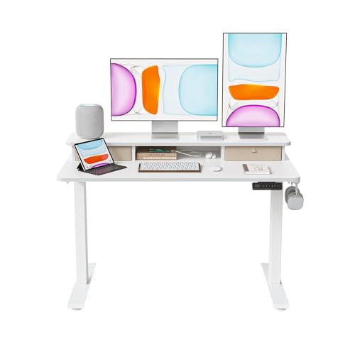BANTI 48x24 Inch Electric Standing Desk with Dual Drawers, Height Adjustable Stand Up Table, Sit Stand Home Office Desk with Storage Shelf, White Frame/White Top