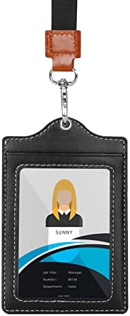 WouVeky with Lanyard Badge Holder, Vertical Removable Neck Lanyard Leather ID Card Holder with 2 Credit Card Slots 1 Clear ID Window, a Working ID Card Holder for Money and Key Pocket (Black-1)
