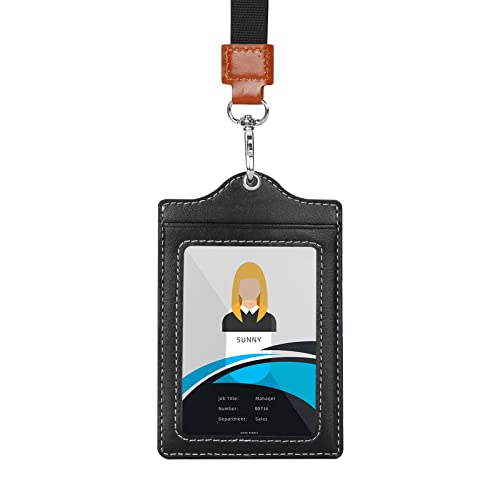 Wouveky With Lanyard Badge Holder, Vertical Removable Neck Lanyard Leather Id Card Holder With 2 Credit Card Slots 1 Clear Id Window, A Working Id Card Holder For Money And Key Pocket (Black-1) #TOP11