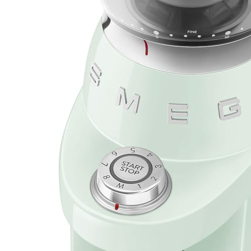 Image of SMEG CGF03 Burr Coffee Grinder, Electric Conical Burr Grinder with 15 Grind Settings, 8 Presets, 240g Bean Hopper, Espresso, Moka & Drip Coffee Grinder, 50's Retro Style (Pastel Green)