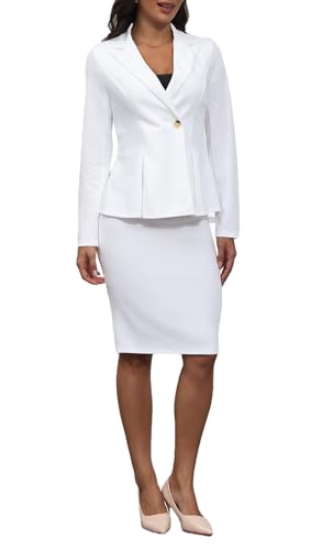 Women\'s 2 Piece Suit Skirt Set Business Casual Long Sleeve Blazer and Pencil Skirt Sets White L - Thumbnail 4