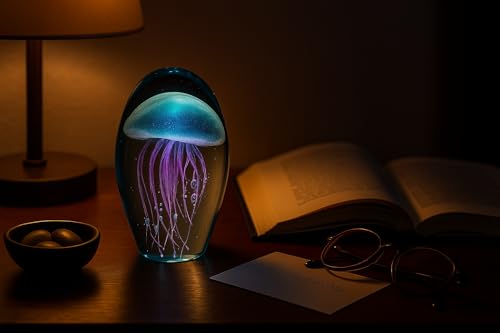 ROCKING GIFTS Ovaler Briefbeschwerer aus Glas mit Qualle in pink und blau, leuchtet im Dunklen, Elegante Tischdekoration für Schreibtisch, Büro, Eingangshalle, Eingangshalle, 16 cm