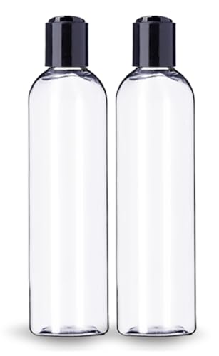 ljdeals 8 oz Clear Plastic Empty Bottles with Black Disc Top Caps Refillable Containers for Shampoo Lotions Cream and More Pack of 2 BPA Free Made in USA