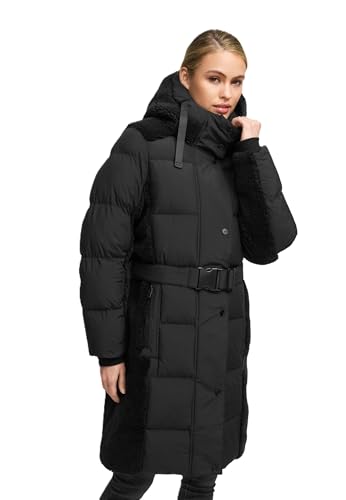 Navahoo Damen Wintermantel (XS-XXL) - mit Taillengürtel, Kapuze, Teddyfleece, gesteppt - N069 - Schwarz Größe L - Gr.L