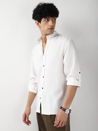 Image of Urbano Fashion Men's Linen Blend Full Sleeve Relaxed Fit Mandarin Collar Casual Solid Shirt