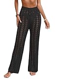 BreathSunny Womens Crochet Floral Knit Elastic Waist Swimsuit Coverup Pant Summer 2025 Trendy Outfits Hollow Out Mesh Swimwear Coverups Beach Swim Bathing Suit Cover Up Flare Leg Pants Black M