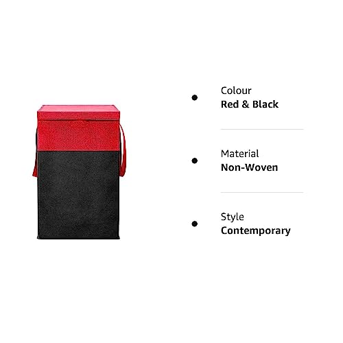 Image of 75L Non Woven Printed Rectangular Foldable Laundry Bag | Clothes Storage Organiser With Lid And Side Handle | Utility Basket For Bedroom Hostel Space Saving Design | Red & Black