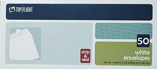 Top Flight (#10) Boxed Envelopes, Strip And Seal Closure, 4.125 X 9.5 Inches, White, 50 Envelopes Per Box #TOP3