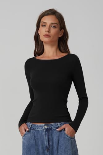 QINSEN Women's Long Sleeve T Shirts Crewneck Tight Fitted Rib Knit Y2k Casual Tee Tops3