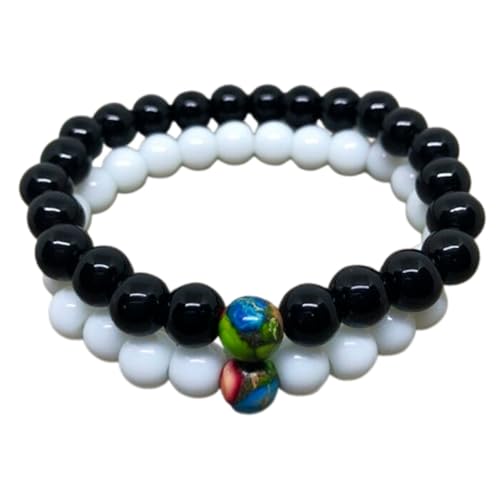 Bracelet amitié à distance perles 8mm jade blanc noir jaspe imprimé