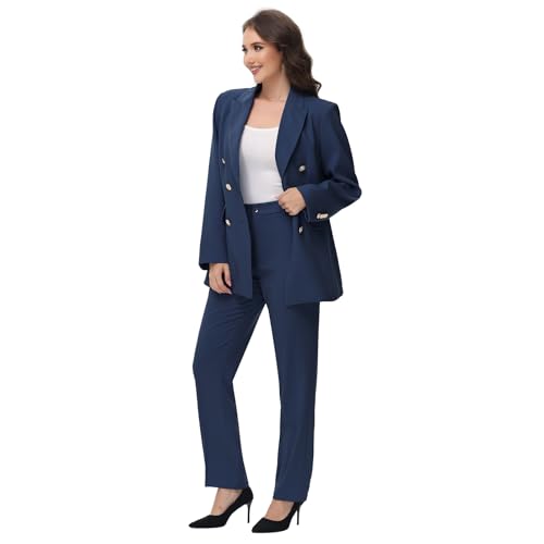 Lamgool Women Pants Suit Double Breasted 2 Piece Blazer Set Work Casual Jacket Outfits for Business (Navy, X-Small) by Lamgool - Image 3
