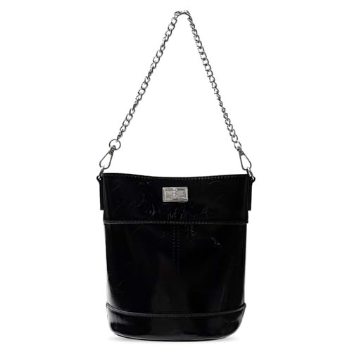 Metallic Leather Bucket Bag Leather Bucket Bag Women Stylish Chain shoulder bag Handbags Women Genuine Leather Handbags