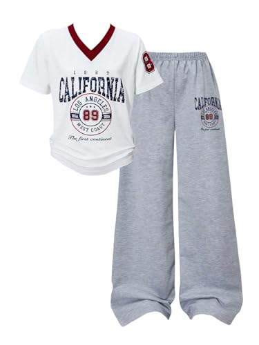 Floerns Conjunto de 2 peças de camisa de jérsei com número de streetwear para meninas, Branco e cinz