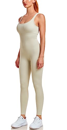 Gymnatural One Piece Jumpsuits For Women Workout Rompers Ribbed Yoga Gym One Piece Outfits Padded Bra Bodysuit Beige Medium #TOP3
