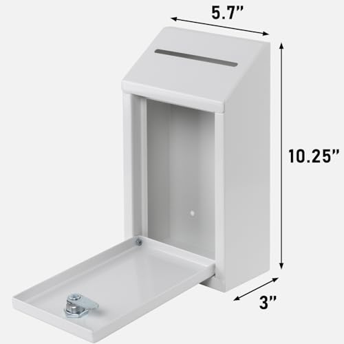 EIENHOSHI Metal Donation Box with Lock, Wall Mounted, Suggestion Box with 4 Iron Keys, White, Cash Drop Box with Slot, 1-Pack