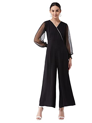 Image of Miss Chase Women's Black Solid Relaxed Fit Long Sleeve V-Neck Ankle-Length Straight Jumpsuit