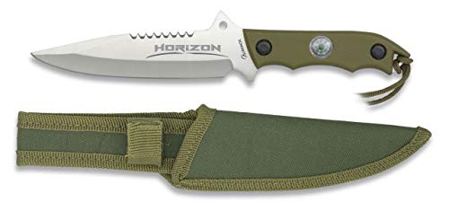 Albainox 32105 Coltello modello orizzontale verde manico in ABS con bussola e custodia in nylon strumento per caccia, pesca, campeggio, outdoor, sopravvivenza e bushcraft
