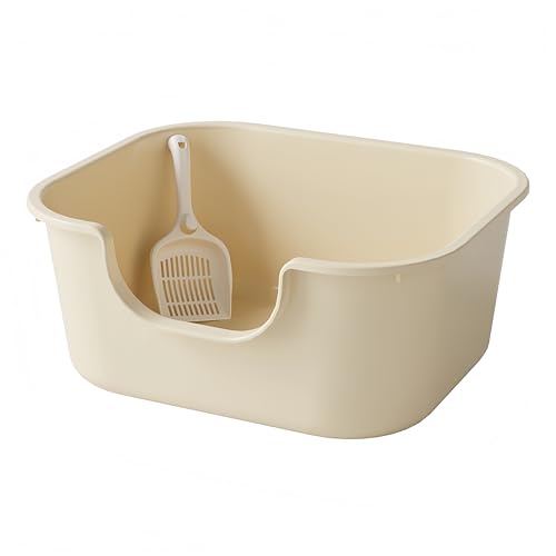 GERRBG 猫用トイレセット 超 特大 オープン 大型猫用 多頭飼い お手入れ簡単 大型猫用トイレ 飛び散り防止 (ミルクコーヒー色【猫砂シャベル無料】)